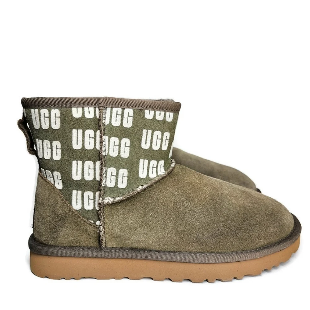 UGG Classic Mini II Logo Slate Grey & White UGG Graphics Shearling Lined Boots - Picture 3 of 11